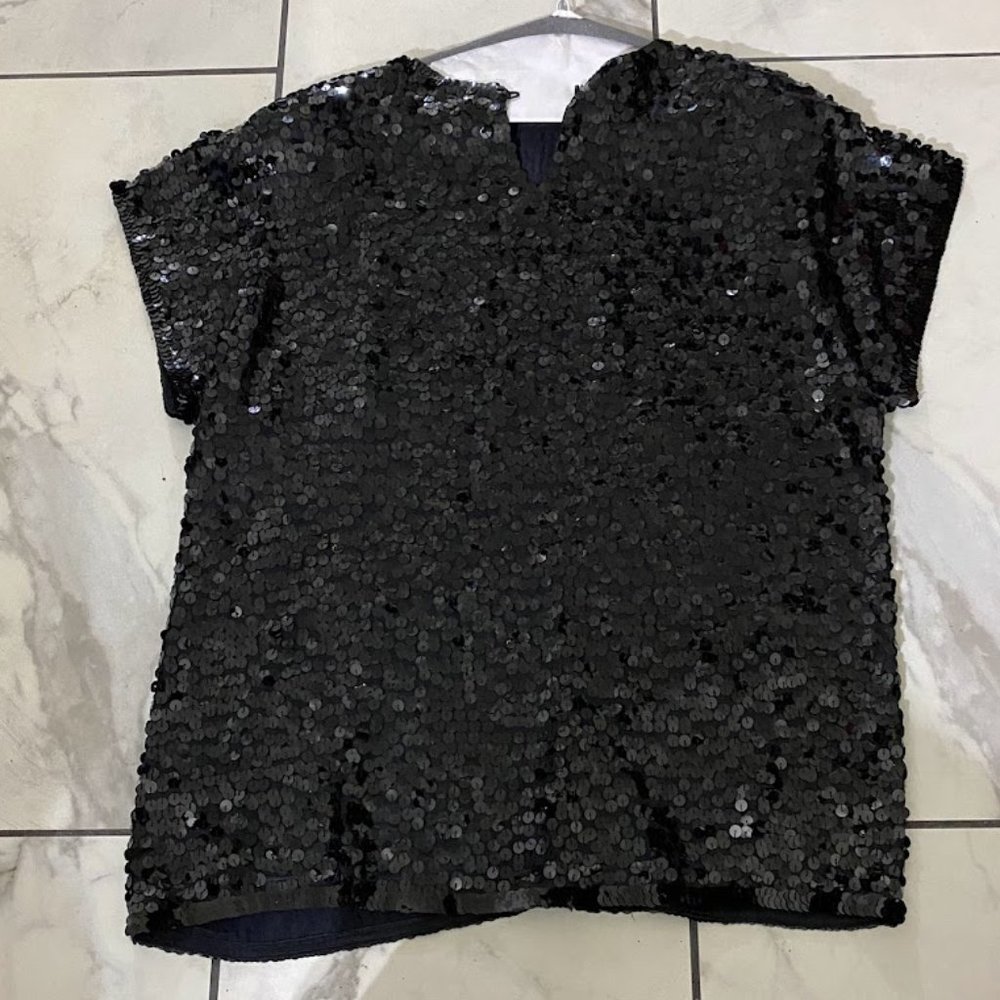 Liz Clairborne  black sequined top with shoulder pads